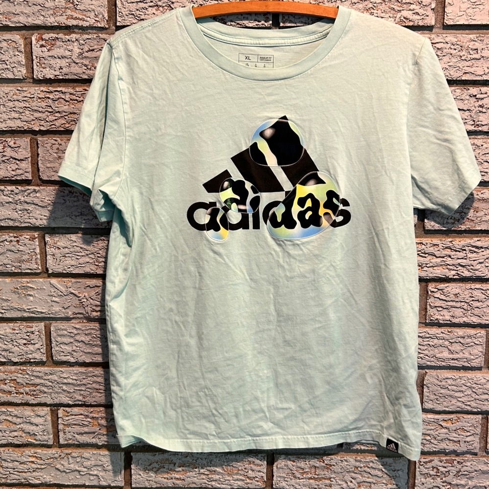 Adidas Womens Graphic T-Shirt Mint Green Bubble Logo Crew Neck XL AA7897